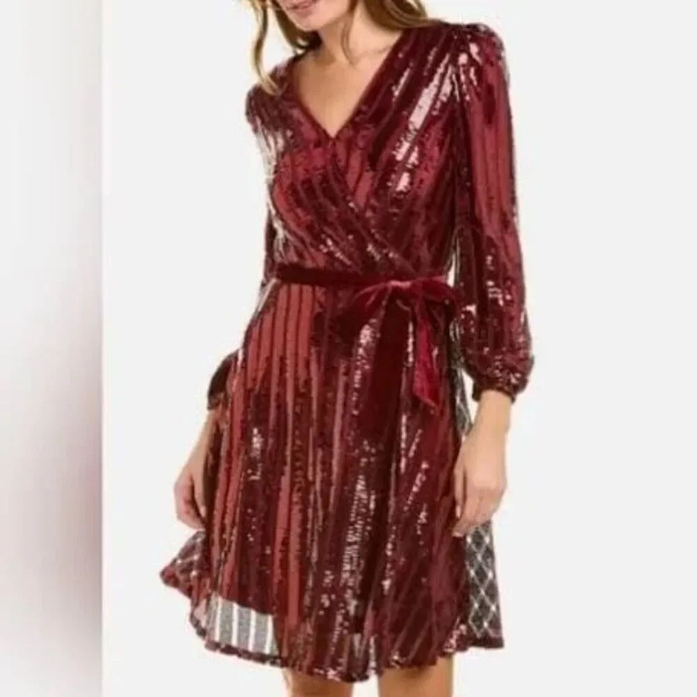 Nanette Lepore Size 8 Long Sleeve Sequin Wrap Dress Burgundy Red Cocktail Party